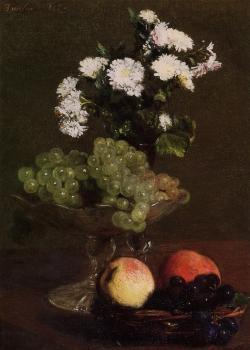 亨利 方丹 拉圖爾 Still Life Chrysanthemums and Grapes 亨利 方丹 拉圖爾 Still Life Chrysanthemums and Grapes